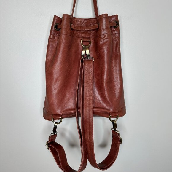 Bali Elf Women's Convertible Leather Backpack Bucket Bag Brown Checkerboard - Picture 3 of 7